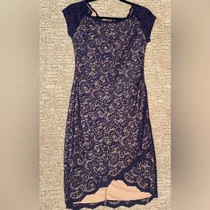 Bisou Bisou Elegant Navy Lacy Overlay Sheath Dress